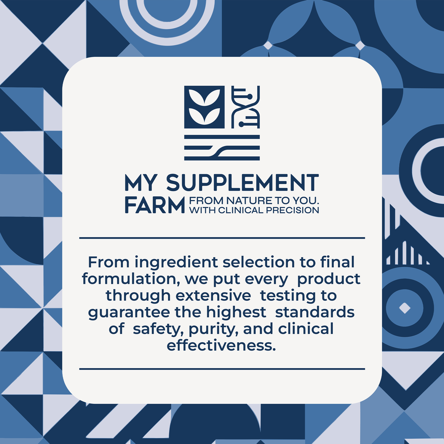 My Supplement Farm branding with a blue geometric pattern