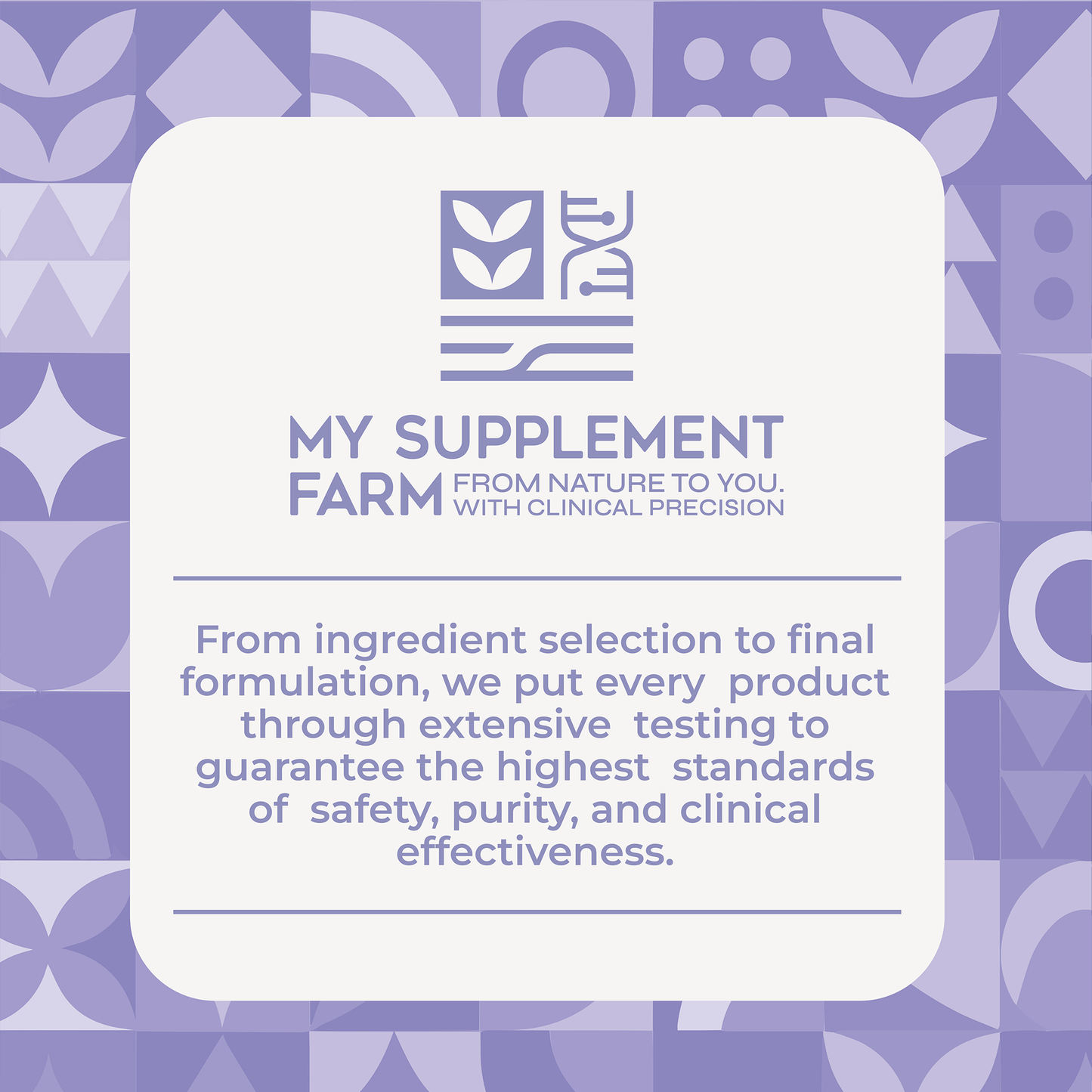 My Supplement Farm branding with a purple patterned background
