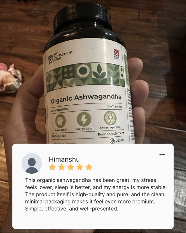 Hand holding a bottle of Organic Ashwagandha supplement with a five-star rating comment overlay.