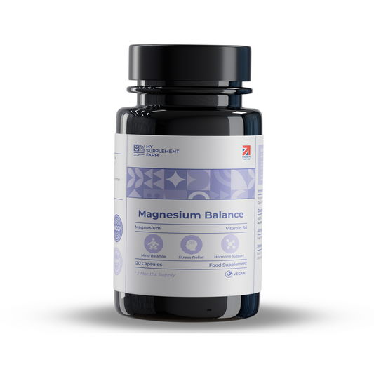 Supplement bottle labeled 'Magnesium Balance' on a white background