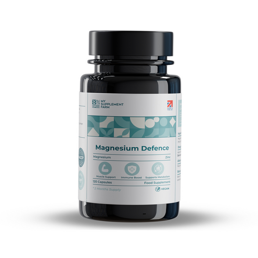 Supplement bottle labeled 'Magnesium Defence' on a white background