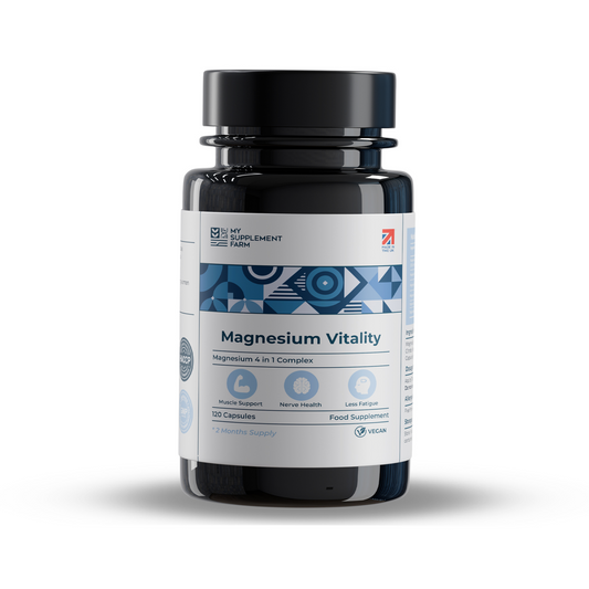Supplement bottle labeled 'Magnesium Vitality' by My Supplement Farm on a white background