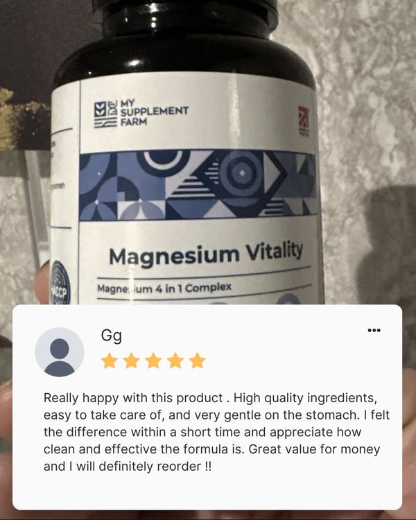Supplement bottle labeled 'Magnesium Vitality' from 'My Supplement Farm' with a five-star rating comment.